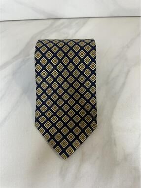 Faconnable 100% silk tie navy/gold micro geometric medallion classic preppy